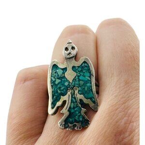 Vintage Sterling Silver Crushed Turquoise Peyote Bird Ring Size 6 Southwestern